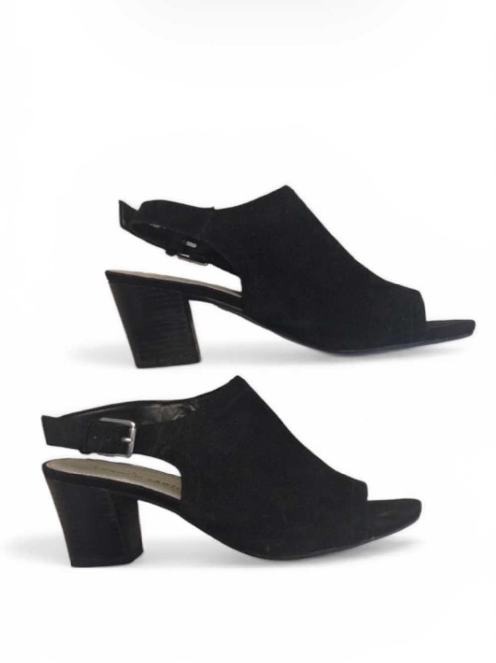 Franco Sarto Women’s Black Suede Block Heel Monaco Peep Toe Sling Back Shoes 7.5
